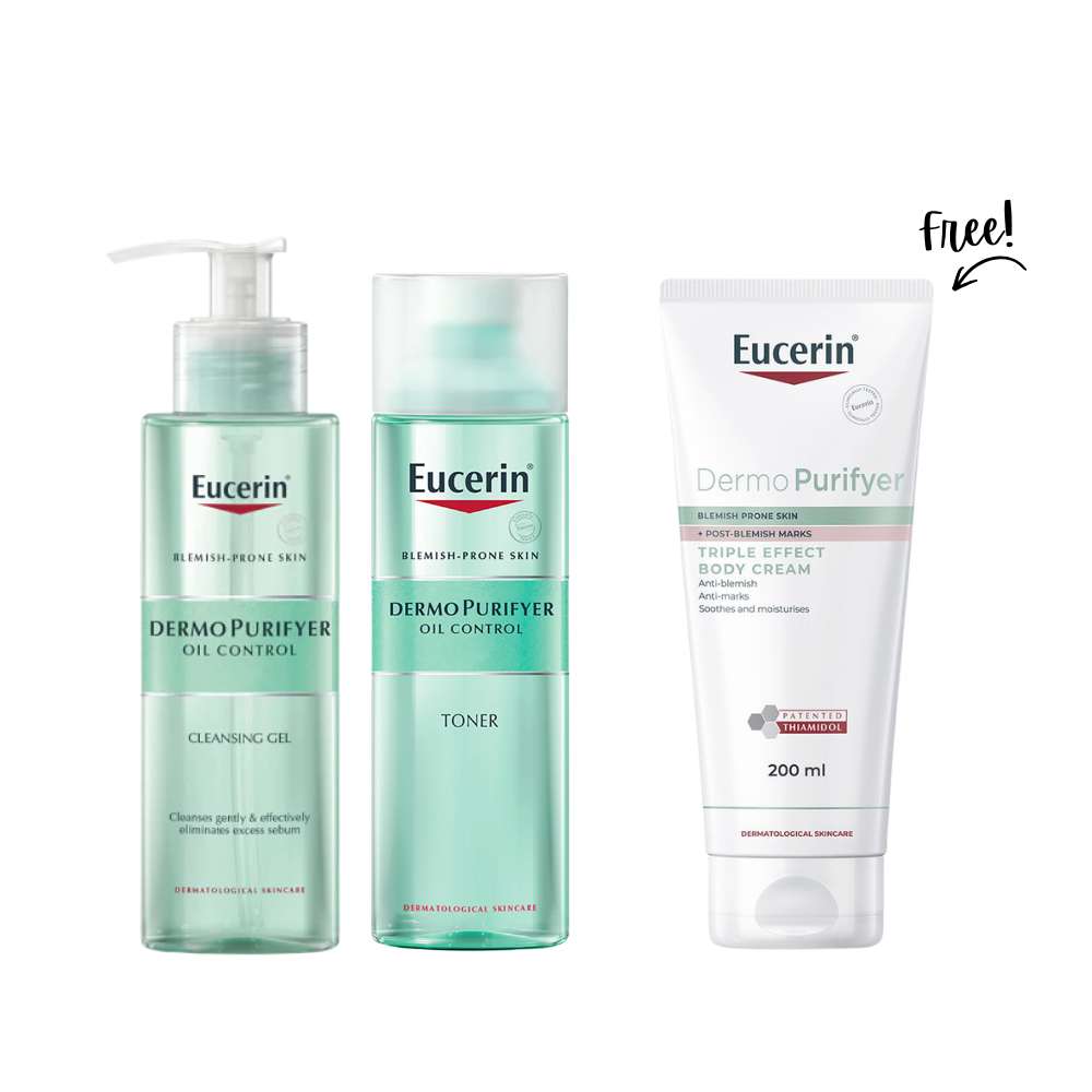 Buy Eucerin Dermopurifyer Oil Control Cleansing Gel 200 ML + Eucerin DermoPurifyer Oil Control Toner 200 ML and Get Free DermoPurifyer Triple Effect Body Cream 200 ML